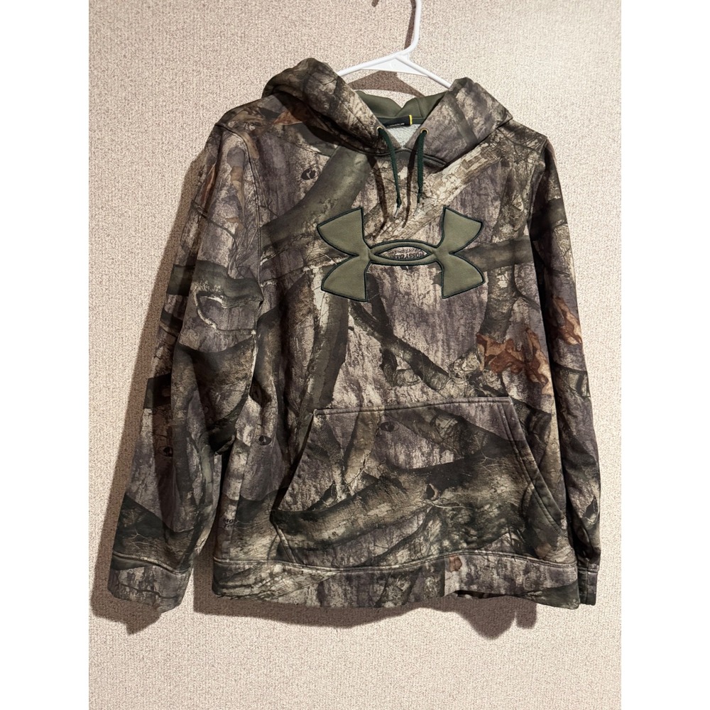 Under Armour Womens Mossy Oak Camo Hoodie Pullover Green Logo Small Loose Fit